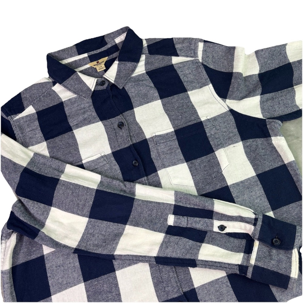 Woolrich Women's Large Navy Blue Plaid Flannel Button Down Shirt 100% Cotton